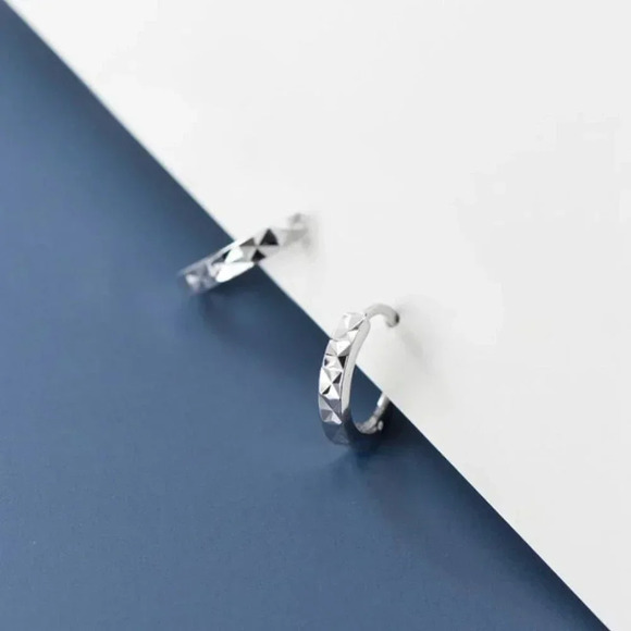 Sterling Silver Diamond Cut Huggie Hoop Earrings - Picture 7 of 7